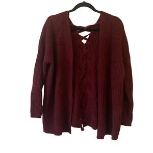 Dreamers Maroon Crisscross Lace Up Back Open Front Cardigan Sweater Size…